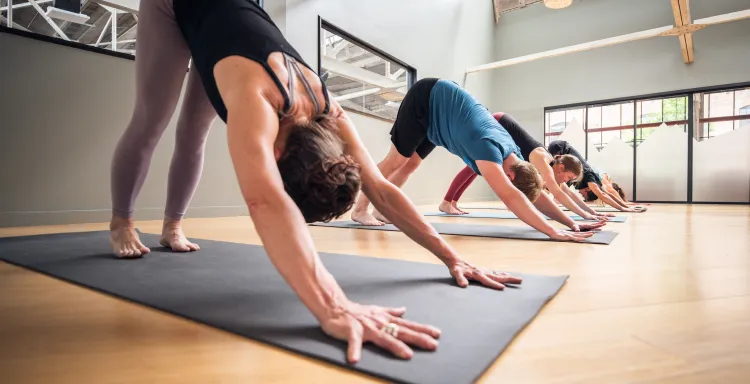 A yoga class in a climbing gym